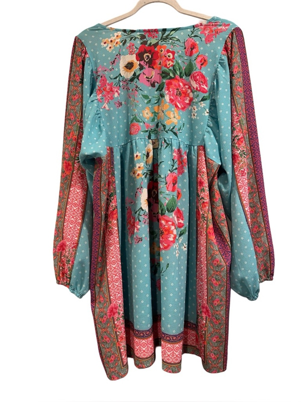 Umgee Boho Mixed Floral Print Babydoll Dress Teal Tassel Long Sleeve Ocean Large - Picture 5 of 16